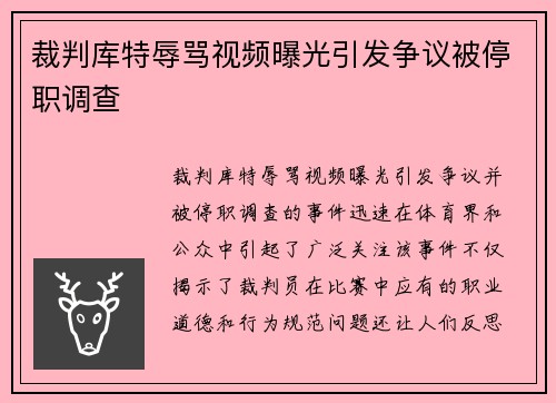 裁判库特辱骂视频曝光引发争议被停职调查 裁判库特辱骂视频曝光引发争议被停职调查